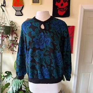 Vintage 80’s Keyhole Neck Floral Black and Blue Sweater